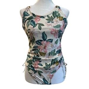 Palisades Beach Club Ivory Floral Swimsuit MED Ruched Sides Adjustable One Piece